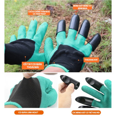 Găng tay làm vườn có móng vuốt để cào ,bới đất ,chăm sóc cây , chống thấm nước , bảo vệ tay khỏi đất bẩn ,các hóa chất từ phân bón , thuốc trừ sâu , diệt cỏ  tránh  tổn thương do va chạm với vật sắc nhọn , cành cây, co giãn đàn hồi tốt , dễ vệ sinh