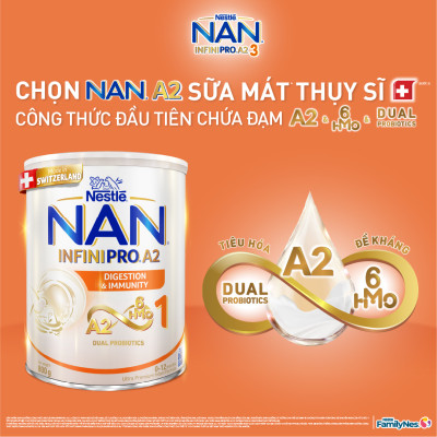 Sữa bột Nestlé NAN INFINIPRO A2 1 với công thức đầu tiên chứa đạm A2, 6HMO & Lợi khuẩn kép nhập khẩu Thụy Sĩ - Hộp 800g cho bé 0 - 12 tháng