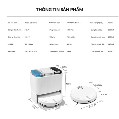Robot hút bụi lau nhà tự động thông minh Lydsto W3 lức hút 5000Pa diện tích hoạt động 200m2 - Hàng chính hãng