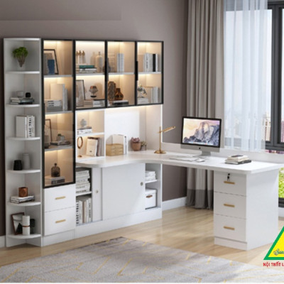 BÀN HỌC – BÀN LÀM VIỆC LIỀN KỆ GỖ MDF TỦ CÁNH KÍNH CÓ ĐÈN LED BLV402 - NỘI THẤT LẮP RÁP VIENDONGADV