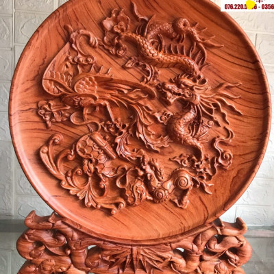 Đĩa trang trí phong thủy trạm khắc tứ linh bằng gỗ hương đá mặt rộng 40×4cm