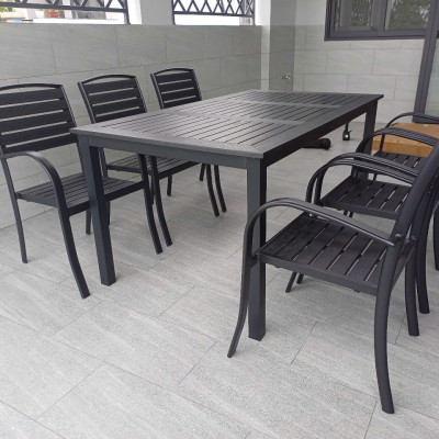 Bộ bàn ăn giả gỗ ngoài trời màu nâu Nội thất Capta SL TE2034-160A / CC2028-A Bộ bàn ăn 6 ghế outdoor cho sân vườn, sân thượng