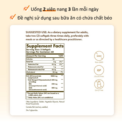 NHẬP KHẨU USA CHÍNH HÃNG - Viên uống dầu cá bổ sung omega 3, hỗ trợ giảm xơ vữa động mạch, tốt cho tim mạch, cải thiện trí nhớ Solgar Dầu cá Fish Oil Omega-3 Concentrate 120 
