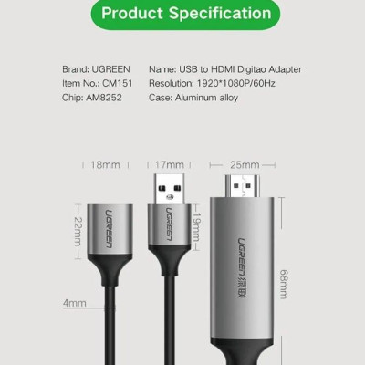 Ugreen UG50291CM151TK 1.5M màu Xám Cáp chuyển đổi USB 2.0 sang HDMI hỗ trợ phân giải FULL HD cao cấp - HÀNG CHÍNH HÃNG