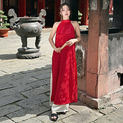 Áo dài cách tân cổ yếm chất vải gấm trẻ trung áo dài Tết Hy Viên Miều Est.2013