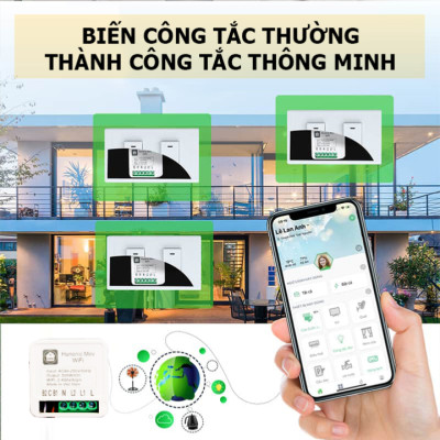 Công tắc Wifi Hunonic Mini 2 kênh 500W/kênh - LẮP SAU CÔNG TẮC ÂM TƯỜNG - Điều khiển từ xa bằng điện thoại