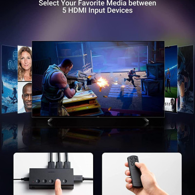 Ugreen UG90512CM568TK 4K60Hz Bộ gộp HDMI 2.0 5 vào 1 ra kèm cáp cấp nguồn USB-C dài 1M + remote - HÀNG CHÍNH HÃNG