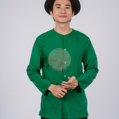 Bộ áo bà ba nam phối áo cate xanh lá + Quần cate đen - Có bộ bà ba Bigsize