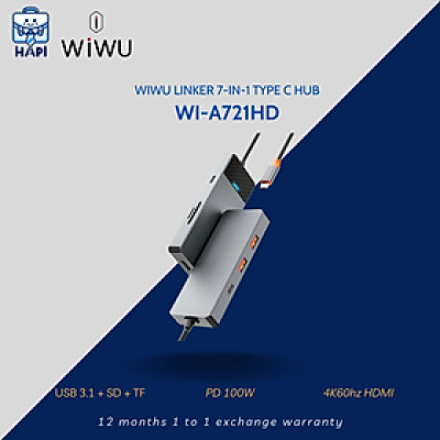 HUB chuyển đổi hàng chính hãng WiWU Linker Type C 7 trong 1 Wi-A721HD: Hoàn thiện kim loại, thích hợp cho Laptop Type-C