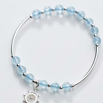 Vòng tay đá Aquamarine phối charm bánh lái mệnh thủy, mộc - Ngọc Quý Gemstones