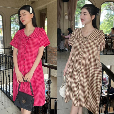 Đầm bầu karo cổ bèo thắt nơ dáng suông dễ thương, trẻ trung, năng động Nữ Women