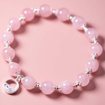 Vòng tay đá thạch anh hồng charm bạc tròn treo mệnh hỏa, thổ - Ngọc Quý Gemstones