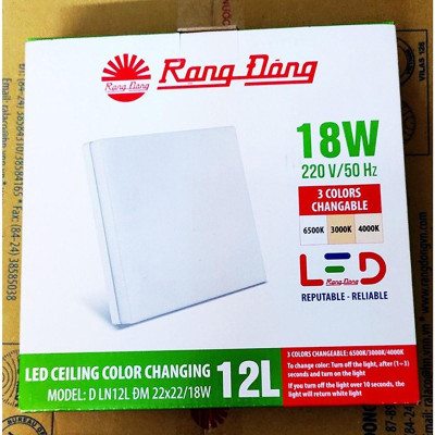 Đèn LED Ốp trần Vuông 18W, Đổi 3 Màu Ánh Sáng, Rạng Đông - Model: D LN12L