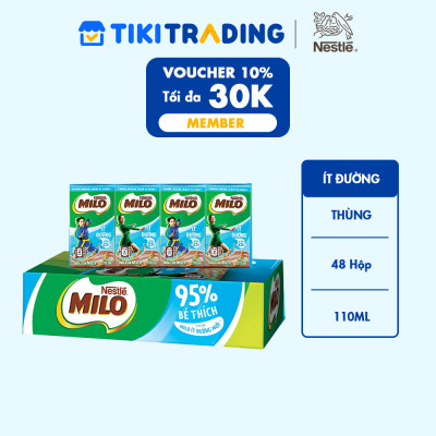 Sữa lúa mạch Nestlé MILO ÍT ĐƯỜNG - thùng 48 hộp x 110ml