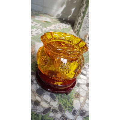 Tượng Phong Thủy Thố tụ tài to mới miệng kiểu màu vàng anh tài lộc 20 thỏi xiền vàng đá lưu ly tự nhiên đế gỗ size lớn đk 13cm x Cao 13cm cả đế x thố cao 9cm Hợp Anh Chị Mệnh Kim Thổ Thuỷ đặt bàn làm việc bàn thờ thần tài to vàng anh đẹp ạ