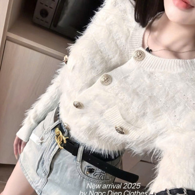 Áo khoác len lông mềm tay dài nút vàng,dáng xinh sang dễ phối