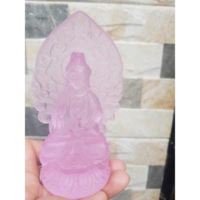 Tượng Phật Bà Quan Âm Mới Đá Lưu Ly Hồng Để Trong Xe Hơi hoặc trên bàn cao 12cm đk 7cm đế 5cm hợp Anh Chị Mệnh Hỏa mệnh Thổ ạ