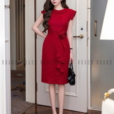 Đầm đỏ bút chì phối hoa NGADO , đầm nữ , đầm bút chì , đầm dự tiệc
