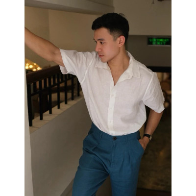 Áo sơ mi nam cổ bẻ ngắn tay vải Linen Premium cao cấp mặc thoáng mát