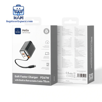 Bộ sạc nhanh GaN WiWU Helix 67W Wi-G020, sạc laptop, dây 70cm, chân gập