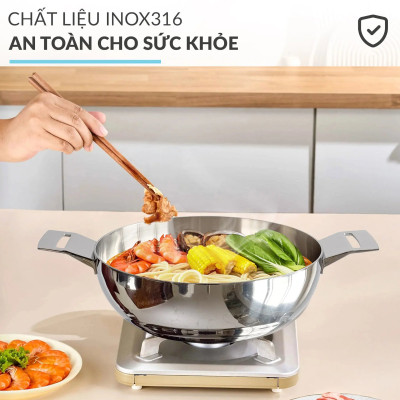 Chảo lẩu inox 316 đúc liền khối Hàn Quốc CIC6620 size 26cm kèm vung kính