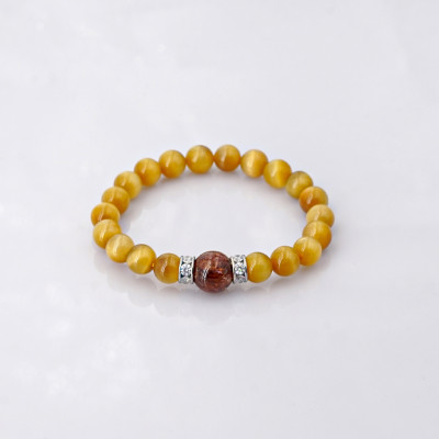 Vòng tay phongg thủy Mắt hổ vàng tâm 8mm + Thạch Anh Tóc nâu do Anqlo tác chế