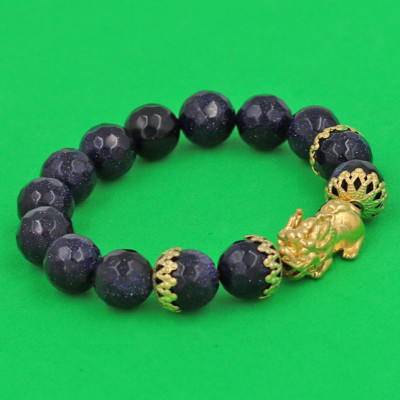 Chuỗi đeo tay Đá Lam Sa Cắt Giác 12 ly - cẩn Tỳ Hưu Phong Thủy Chiêu Tài Lộc inox vàng VLSGTHBKV12 - hợp mệnh Mộc, mệnh Thủy