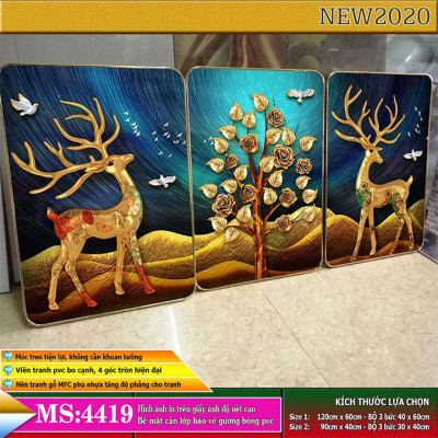 Bộ tranh treo tường 3 tấm trang trí phòng khách, phòng ngủ phong cách mỹ thuật hiện đại chất liệu cán pvc gương:4419L15S