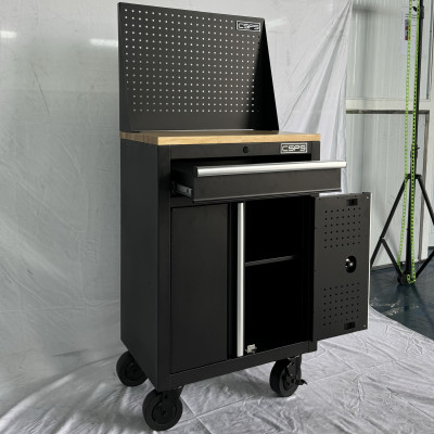 Tủ dụng cụ CSPS 61cm - 01 hộc kéo màu đen bánh xe ván gỗ vách lưới (tay cầm trắng)