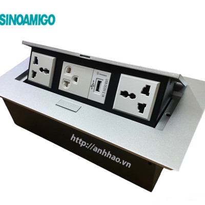 Ổ điện âm bàn họp Sinoamigo STS-212GST-1. Chất liệu hợp kim màu bạc. Tích hợp 3 ổ điện, 1 USB sạc 5V-2.1A - Hàng chính hãng