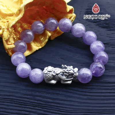 Vòng thạch anh tím ngọc lavender amethyst phối tỳ hưu bạc hạt 12mm mệnh hỏa. thổ - Ngọc Quý Gemstones