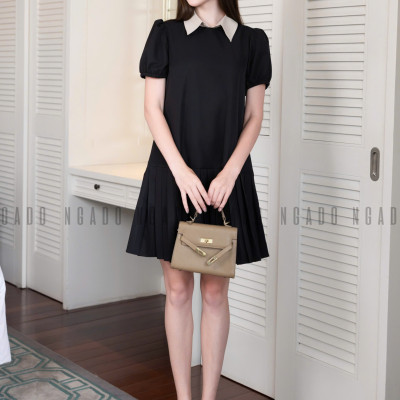 Đầm đen cổ phối kem NGADO , đầm suông , đầm kiểu nữ