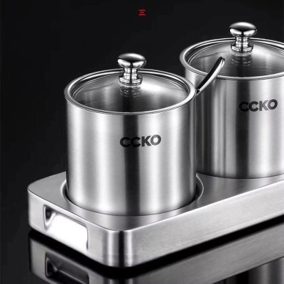 Set 3 hũ đựng gia vị CCKO inox 304 nắp thủy tinh kèm khay hàng 
