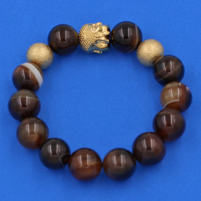 Vòng tay chuỗi hạt Mã Não Nâu Sọc 14 ly - Vòng tay Phật A Di Đà inox vàng VMNNSNLVHB14 - hợp mệnh Kim, mệnh Thổ - Vòng đeo tay size lớn