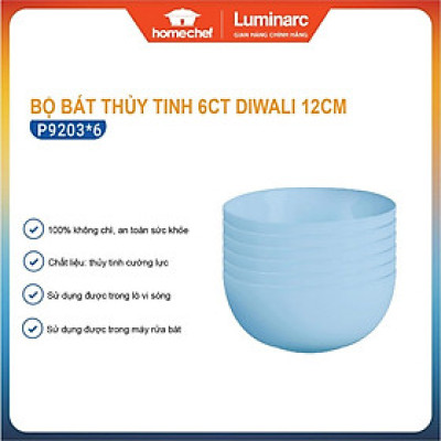 Bộ 6 bát (chén) cơm thủy tinh Luminarc Diwali Light Blue 12cm, dùng lò vi sóng, máy rửa bát - P9203*6 | Hàng chính hãng