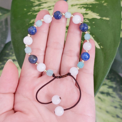 Vòng tay Nữ phong thủy đá Amazonite mix bi bạc tròn hút Tài Lộc Duyên kết dây cotton thủ công