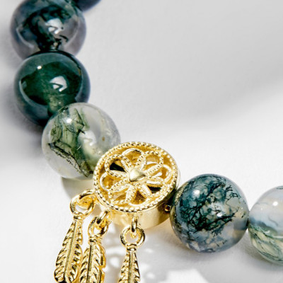 Vòng Tay Phong Thủy Nữ Đá Băng Ngọc Thủy Tảo Phối Charm Dream Catcher Mạ Vàng 24K (8mm) Mệnh Mộc, Hỏa Ngọc Quý Gemstones