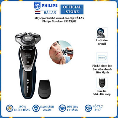 Máy cạo râu khô và ướt series 5000 hai trong một cao cấp Philips Norelco S5355/82, điện áp sạc AC 100 V-240 V 50/60 Hz, đầu tỉa mai dễ dàng lắp và vệ sinh- Hàng nhập khẩu