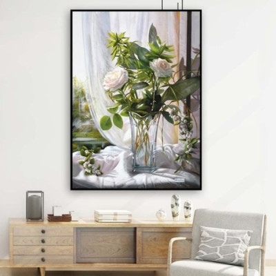 Tranh treo tường gỗ kim sa bo viền hoa hồng trong nắng KT09( 50x70cm)