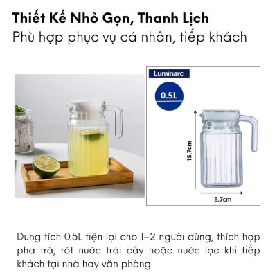 Bình đựng nước, pha trà thủy tinh Luminarc Quadro G2667/23369, dung tích 0.5L, dùng máy rửa bát | Hàng chính hãng