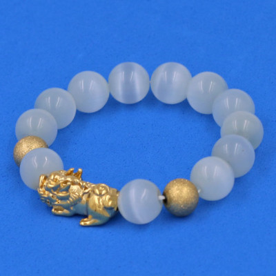 Vòng tay Đá Mắt Mèo Trắng 12 ly - cẩn Tỳ Hưu Phong Thủy inox vàng VMETTHHBV12 - hợp mệnh Kim, mệnh Thủy