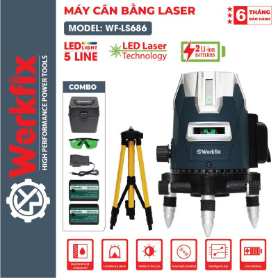 Máy Cân Bằng Laser 5 Tia Xanh Workfix WF-LS686 - Đế Bi NSK - 2 Pin 4800mAh - Đèn Led Siêu Sáng - Bảo Hành Chính Hãg 6 Tháng