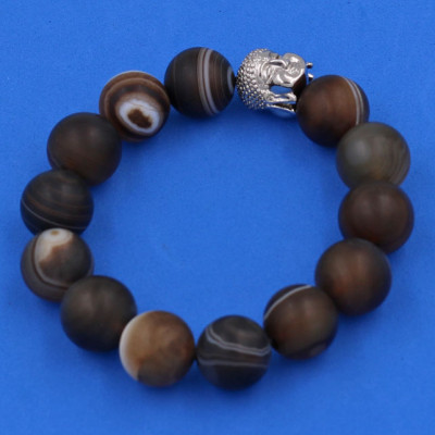 Vòng đeo tay Mã Não Nâu Sọc mờ 14 ly cẩn hạt Phật A Di Đà inox bạc VMNNSMNLT14 - hợp mệnh Kim, mệnh Thổ