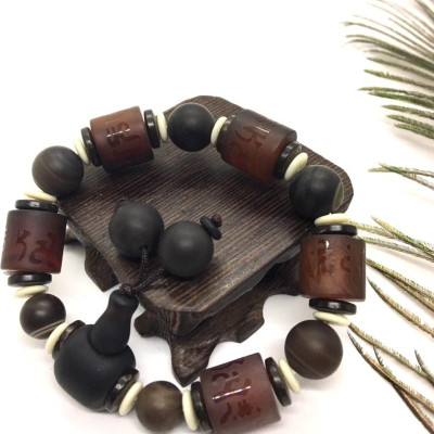 VÒNG TAY THIÊN CHÂU DZI VÀ ĐÁ ĐEN PHONG THUỶ KHẮC CHỮ OM MANI PADME HUM TÂY TẠNG 