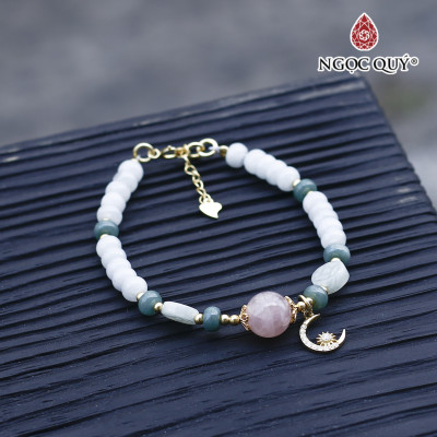 Vòng cẩm thạch phỉ thúy phối thạch anh hồng charm bạc mạ vàng - Ngọc Quý Gemstones