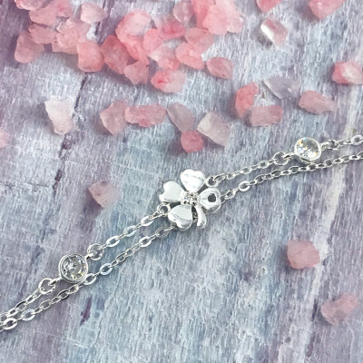 Vòng Tay Nữ Bạc 925 Dây Kép Cỏ 4 Lá May Mắn Đính Đá Cao Cấp BẠC HIỂU MINH LTU552