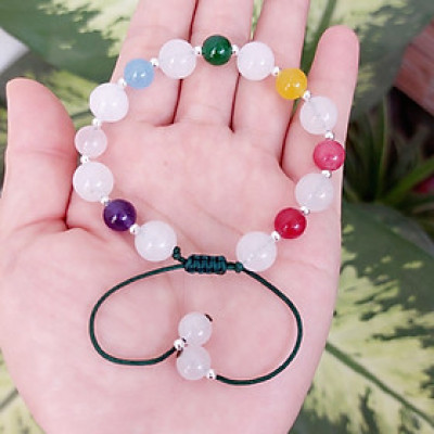 Vòng tay Nữ phong thủy đá mã não trắng mix đá đa sắc kết dây thủ công dễ thương