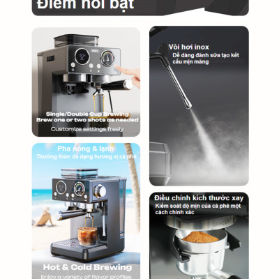 Máy pha và xay cà phê bán tự động 3 trong 1 Espresso, Cappuccino, Latte thương hiệu Mỹ cao cấp HiBREW H20 - Công suất 1500W 20bar - Hàng nhập khẩu