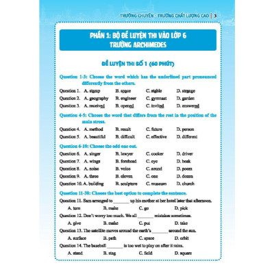 Sách - Bộ Đề Luyện Thi Môn Tiếng Anh Vào Lớp 6 Trường Chuyên, Chất Lượng Cao - Có Đáp Án - Minh Thắng