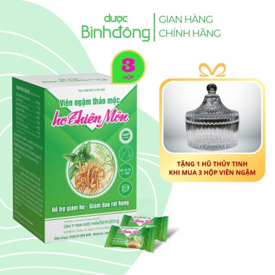 Combo 3 hộp Viên ngậm thảo mộc ho Thiên Môn Dược Bình Đông dạng viên xé Hỗ trợ giảm ho, đau rát họng - Quà tặng 1 hũ thủy tinh